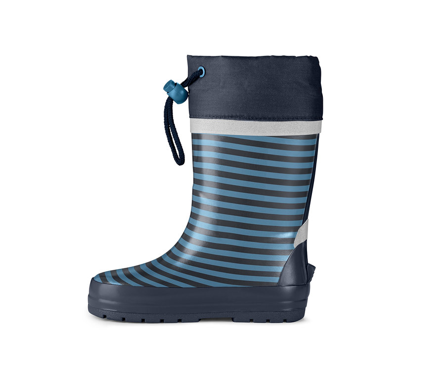 Gestreifter Kinder-Regenstiefel in Blau und Schwarz.