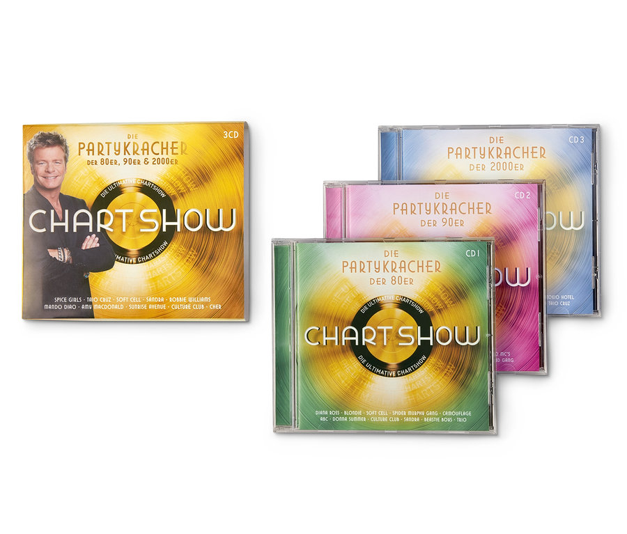Ein Set aus drei CDs »CHART SHOW« mit Covern in Gelb, Grün, Pink und Blau.