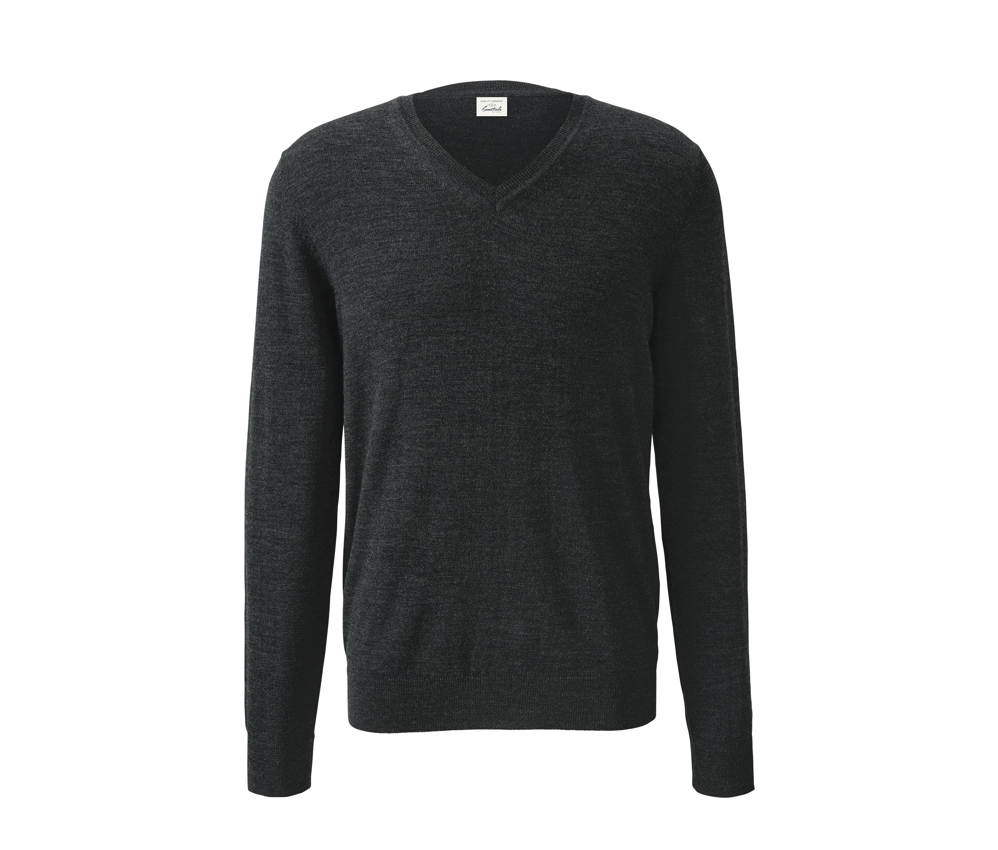 Grauer Merino-Pullover mit V-Ausschnitt.