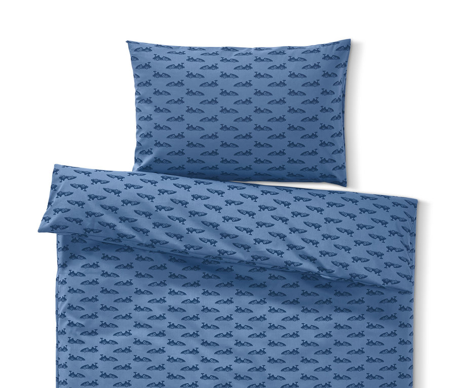 Blaue Kleinkinder-Bettwäsche mit Muster.