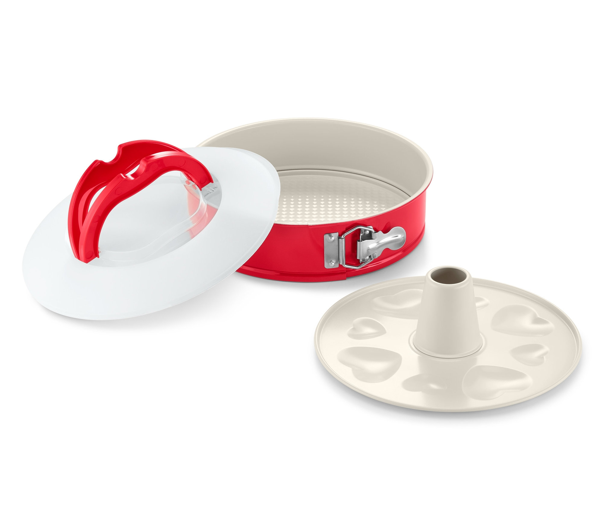 Rote Springform mit Transportdeckel und weißem Griff.