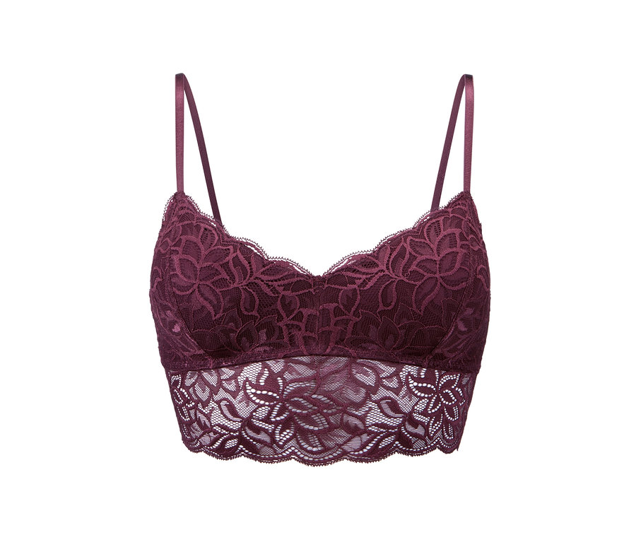 Weinrotes Spitzen-Bustier auf weißem Hintergrund.