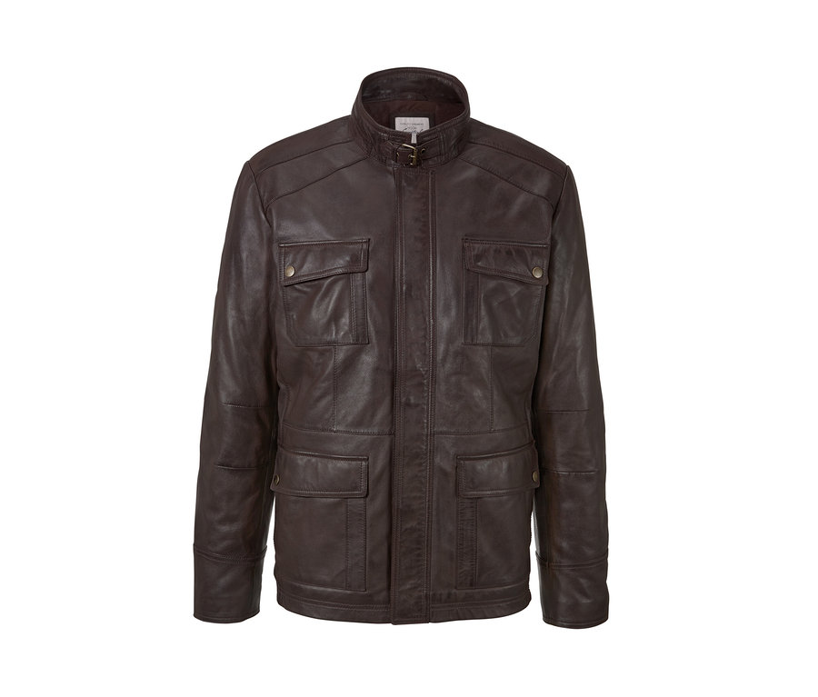 Braune Lederjacke mit vier Taschen.
