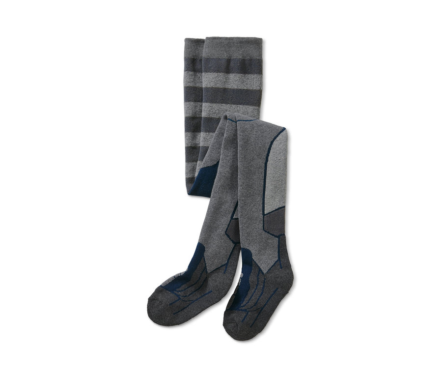 Graue Skistrumpfhose mit Streifen und Design am Fuß.