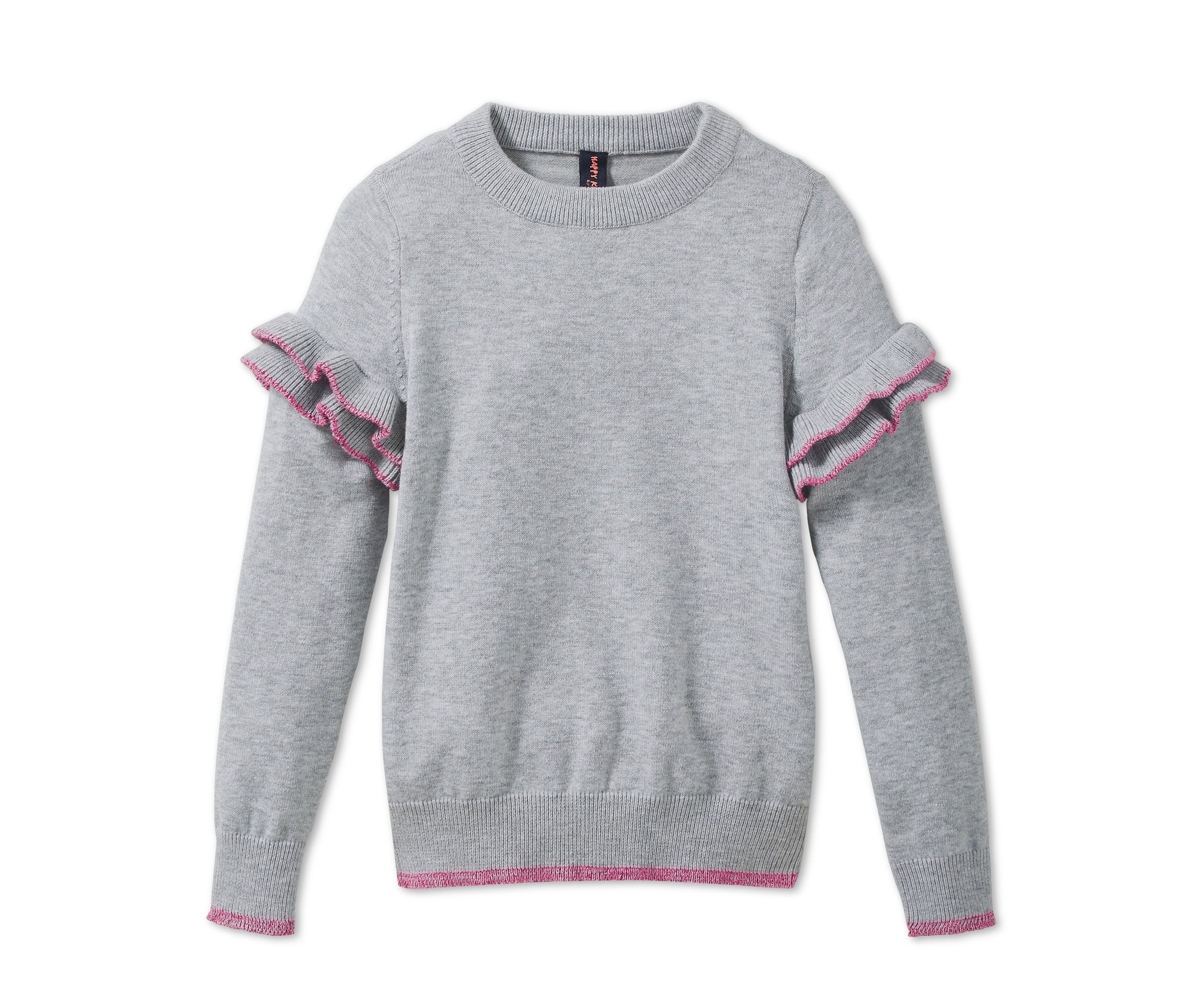 Grauer Feinstrickpullover mit Rüschenärmeln und rosa Saum.