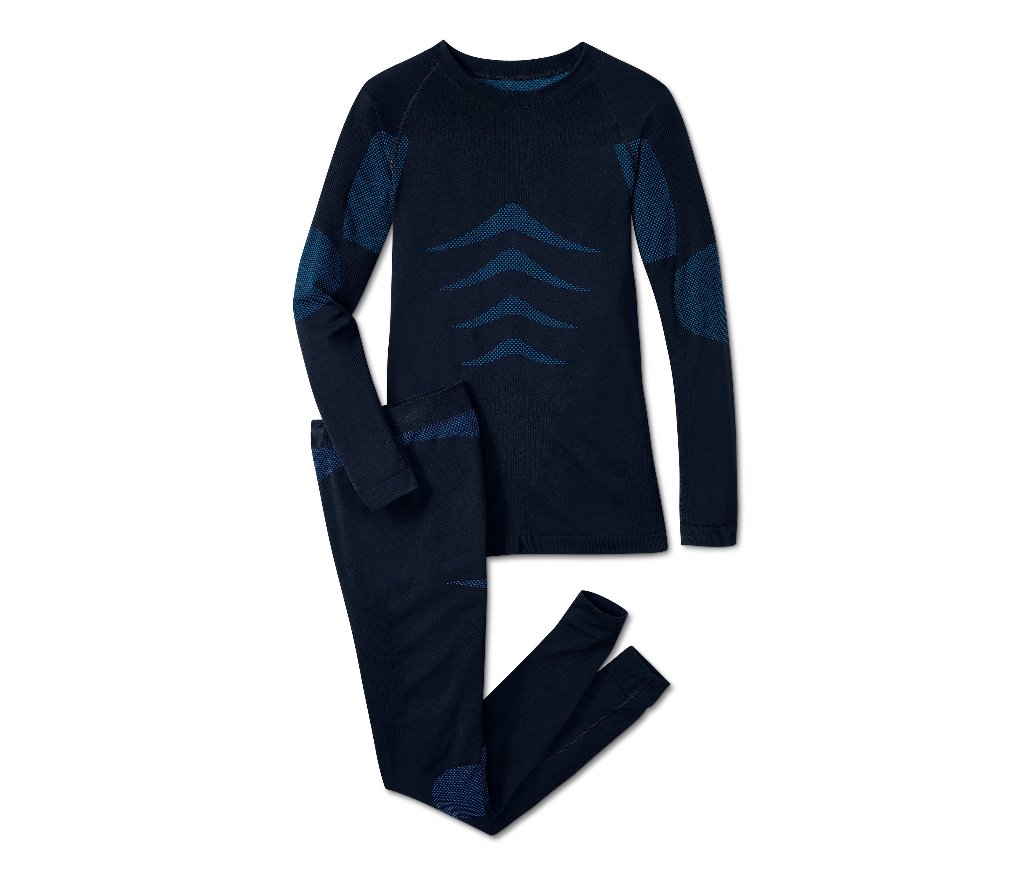 Nahtlose Funktionsunterwäsche bestehend aus einem langärmeligen Shirt und Leggings in Dunkelblau.