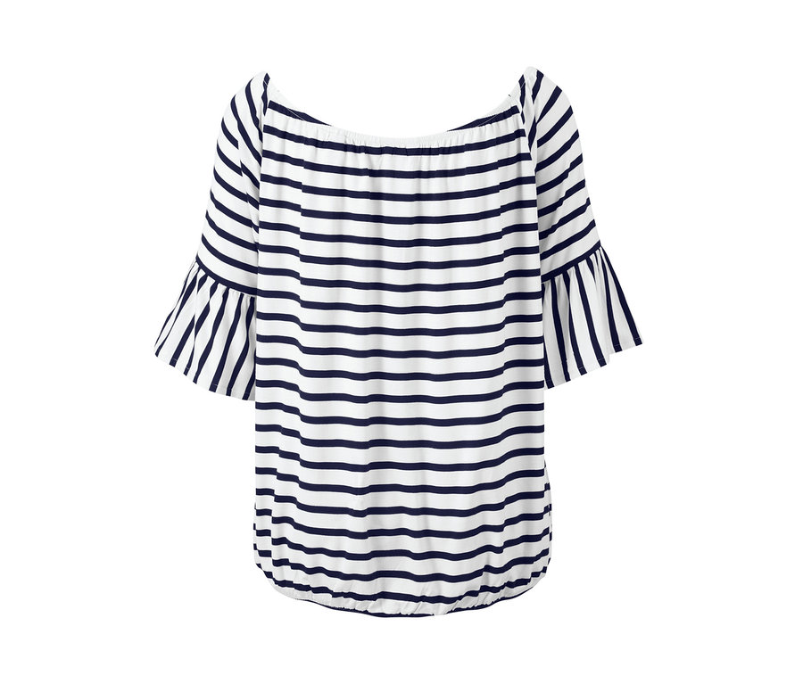 Gestreiftes Offshoulder-Blusenshirt mit Trompetenärmeln.