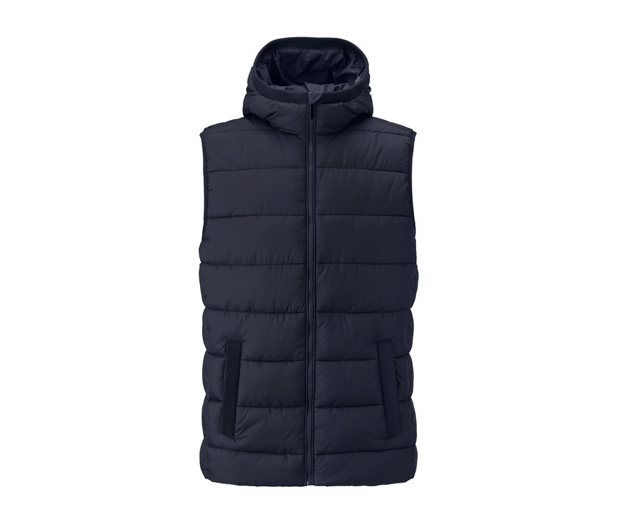 Marineblaue Kapuzen-Steppweste.