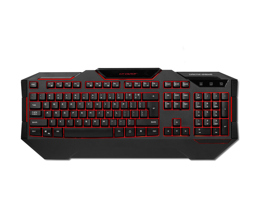 Schwarz-graue Gaming-Tastatur mit roter Hintergrundbeleuchtung. Medion-ERAZER®-»X81019«-Gaming-Tastatur.