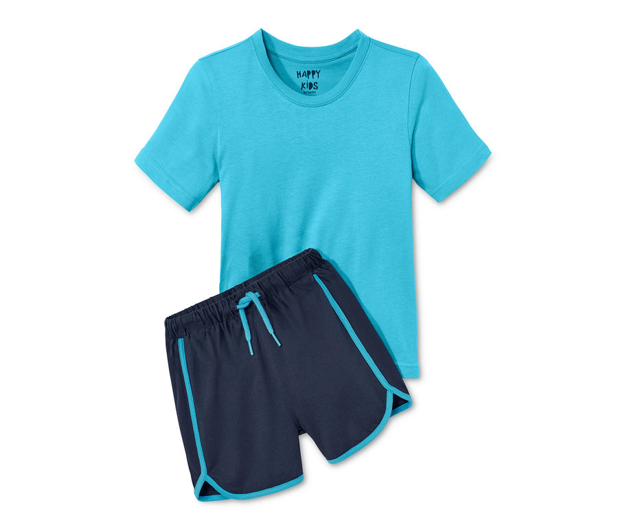 Ein blauer Shorty-Pyjama liegt neben einer blau-grauen Shorts.