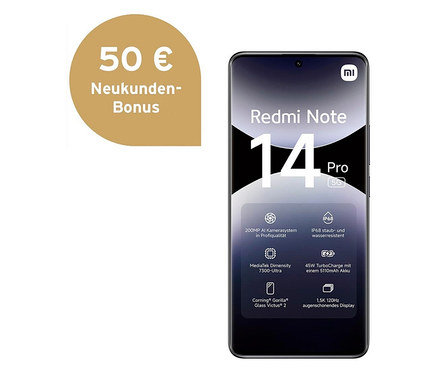 Schwarzes Xiaomi Redmi Note 14 Pro 5G Smartphone mit Text auf dem Bildschirm und Kameradetails.