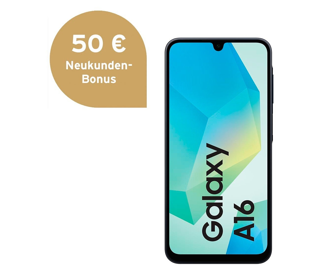 Ein blau-schwarzes Samsung Galaxy A16 LTE 128GB Handy vor einem weißen Hintergrund.