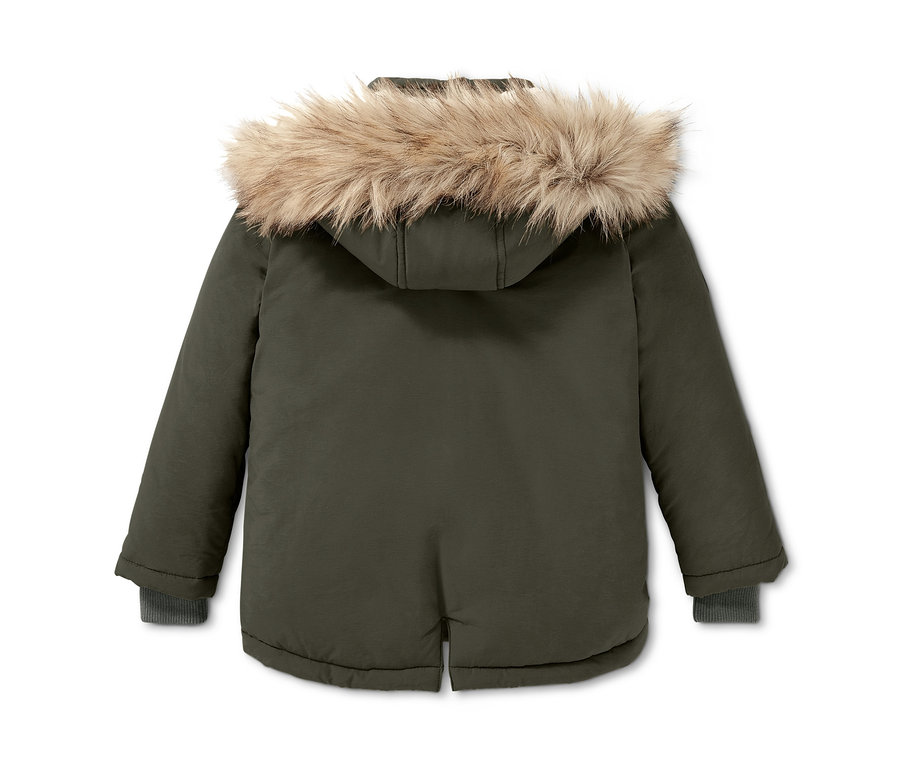 Rückansicht einer Thermoparka mit Fellkapuze.