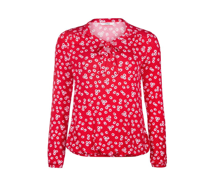 Rotes Schluppenshirt im Margeriten-Dessin mit langen Ärmeln.