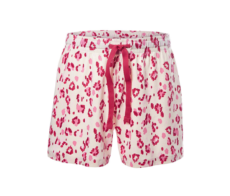 Shorty-Pyjama mit pinkem Tiermuster und Kordelzug.