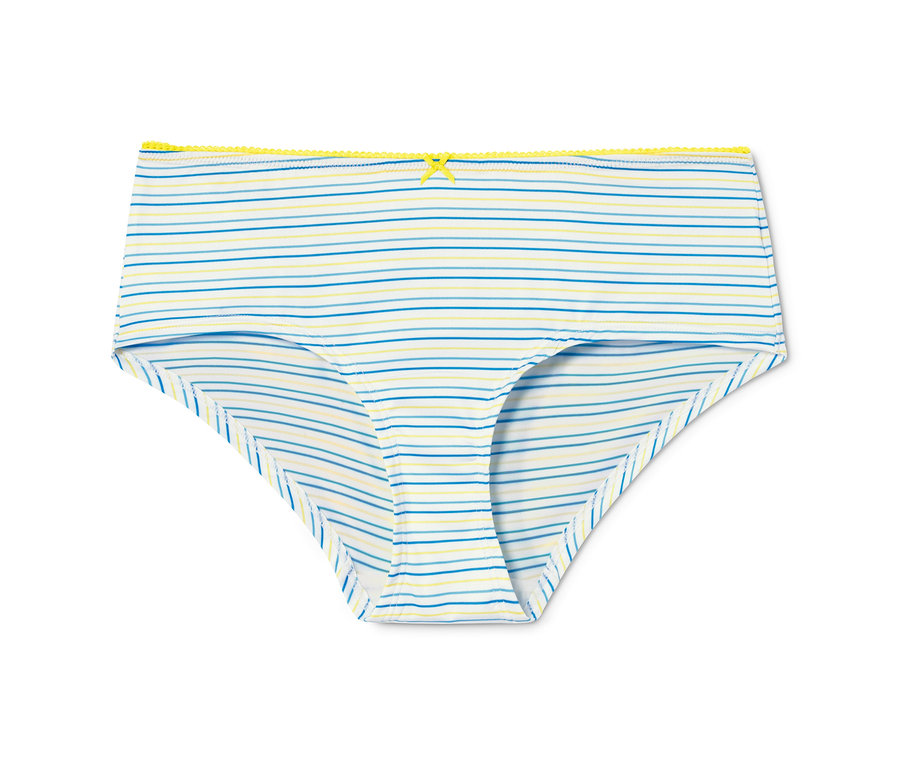 Weisse Panty mit blauen und gelben Streifen und gelber Schleife am Bund. Aus einem 5er Pack.