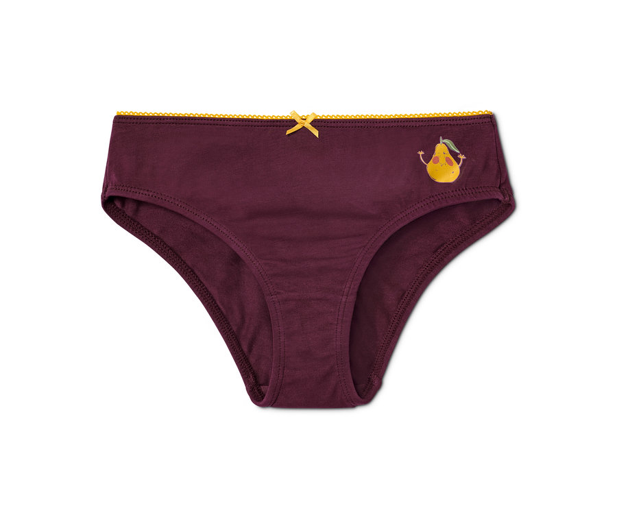 Ein weinroter Slip mit gelbem Saum, Schleife und Birnenaufdruck. "3 Slips "