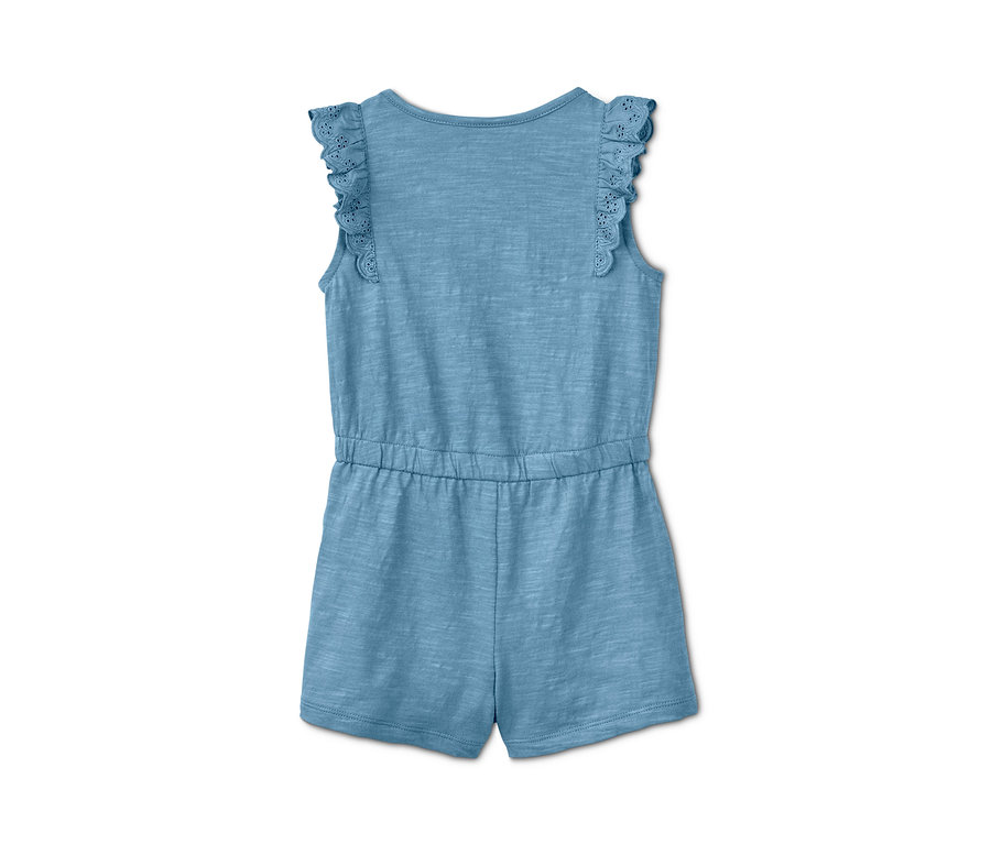 Blauer Jumpsuit mit kurzen Hosen und Rüschen an den Schultern.