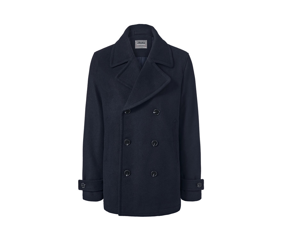 Eine marineblaue Caban-Jacke mit zweireihiger Knopfleiste.