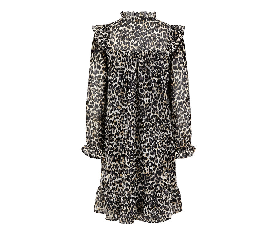 Rückansicht eines Kleids mit Alloverprint, Rüschenkragen und langen Ärmeln.