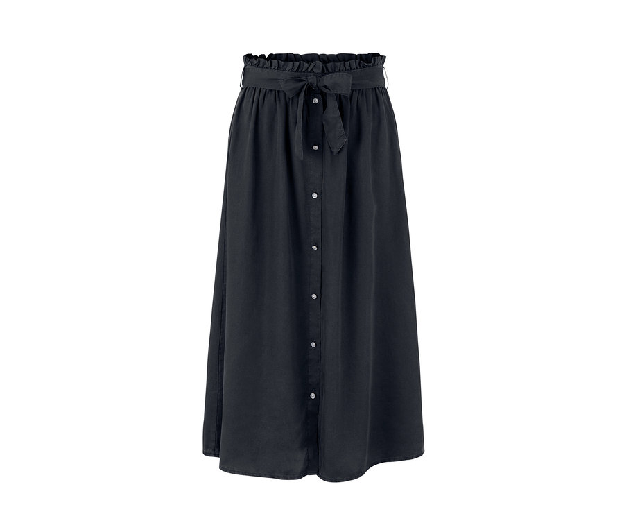 Ein schwarzer Midi-Rock mit Knöpfen und einer Schleife in der Taille.