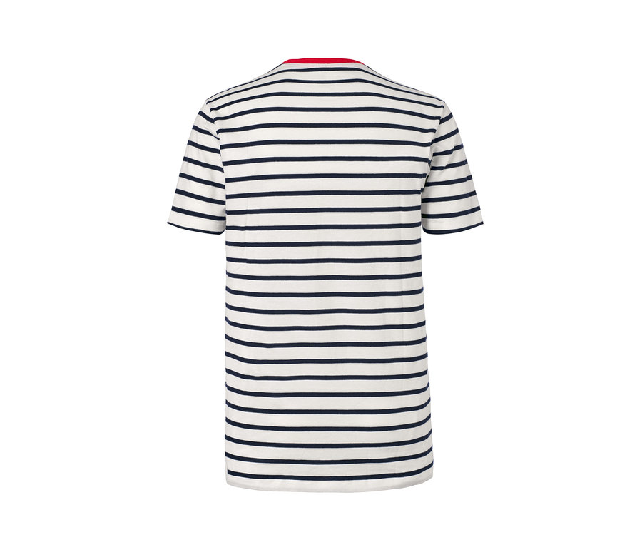 Rückansicht eines kurzärmeligen T-Shirts mit blau-weissen horizontalen Streifen und rotem Halsausschnitt. Es handelt sich um ein 2 T-Shirts mit Rundhalsausschnitt, gestreift.