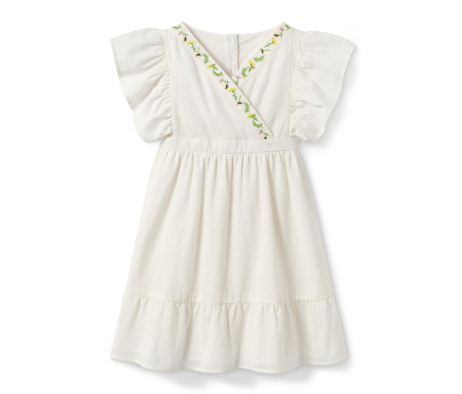 Ein weißes Webkleid aus Bio-Baumwolle mit kurzen Ärmeln und floraler Stickerei am Saum.