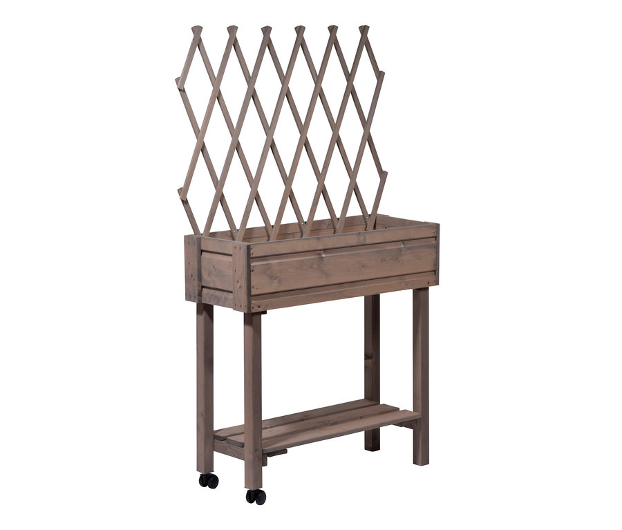 Anthrazitfarbenes Hochbeet mit Rankgitter.