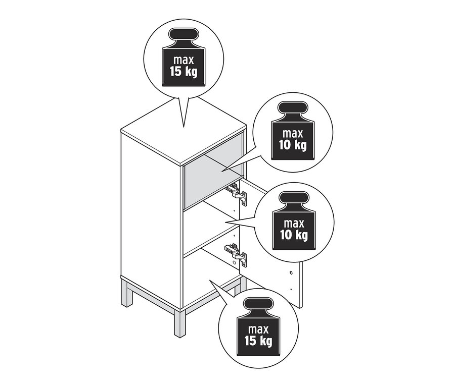 Skizze eines flachen Bad-Beistellschranks »Eklund« mit offenen Türen und Details zum maximalen Regalgewicht.