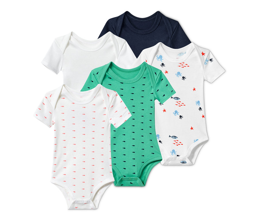 Fünf Baby Baumwoll-Bodys.