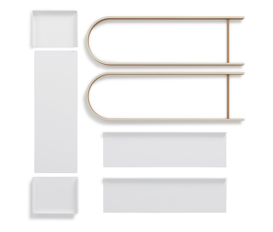 Auseinandergelegte Komponenten eines weißen Blumenkastens und einer Aufbewahrungsbox vom Typ Umbra-Blumenkasten-und-Aufbewahrungsbox »Bellwood«.