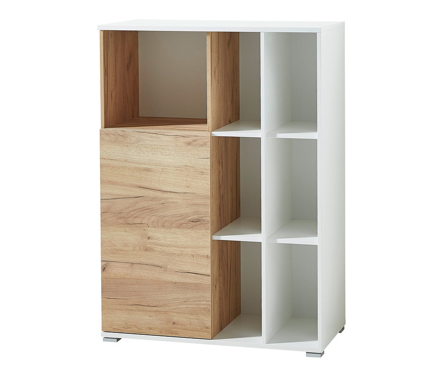 Kleines Regal »Lioni« mit Holzstruktur und weißen Regalböden.