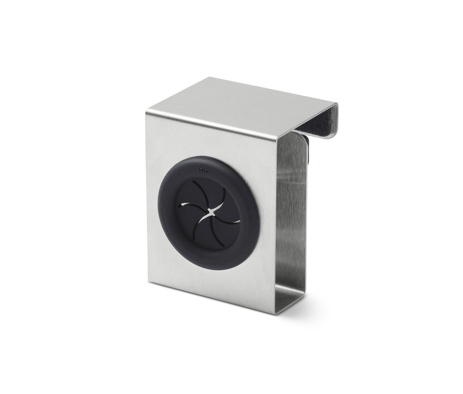 Ein einzelner 2 Geschirrtuchhalter aus Edelstahl mit einer schwarzen Gummiöffnung.