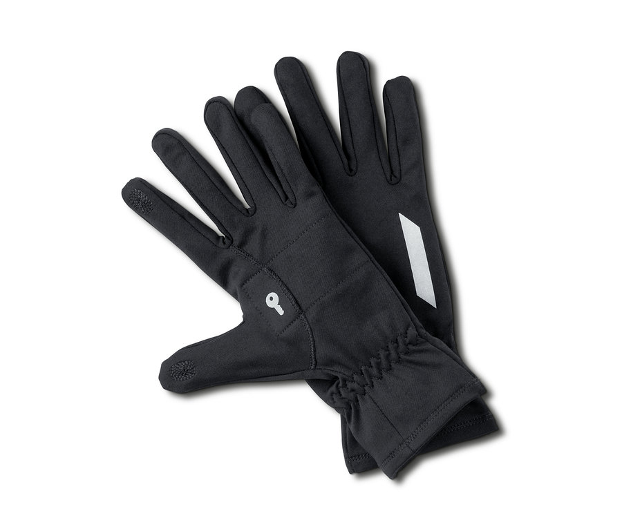 Zwei schwarze Laufhandschuhe mit Reflektorprint liegen auf einem weißen Hintergrund.