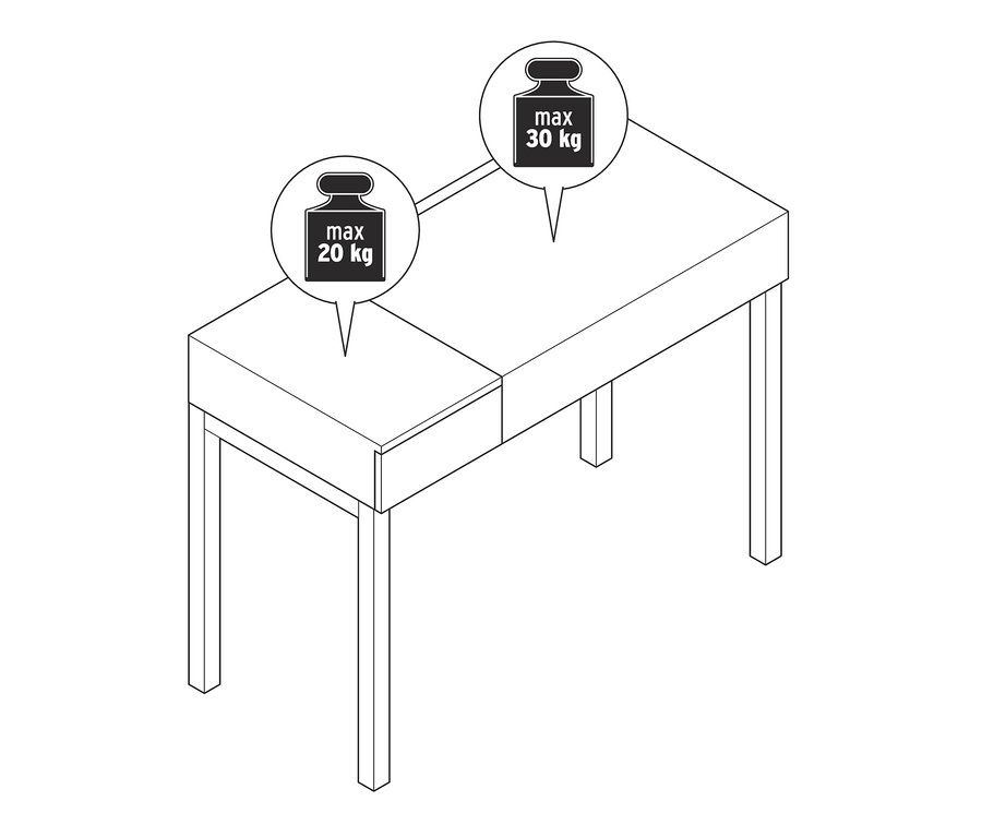 Eine Illustration eines aufklappbaren Schreibtisches mit einer maximalen Gewichtskapazität von 20 kg auf der einen Seite und 30 kg auf der anderen Seite.