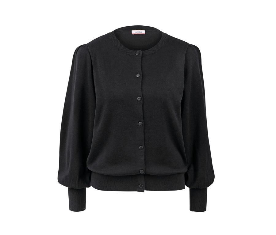 Schwarze Feinstrickjacke mit Puffärmeln.