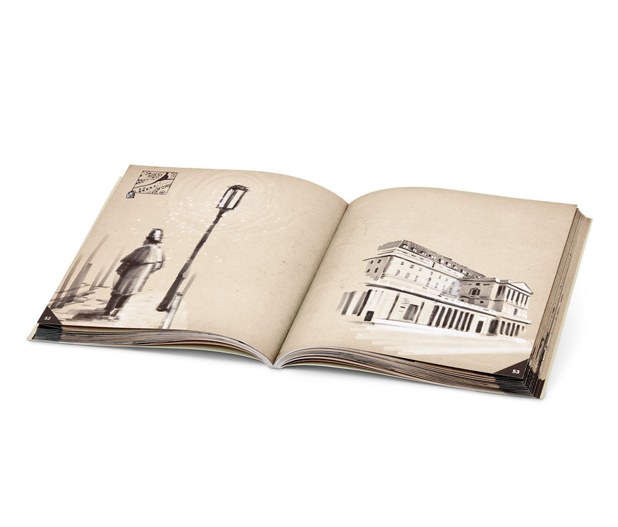 Ein aufgeschlagenes Buch zeigt Illustrationen von einem Mann an einer Strassenlaterne und einem Gebäude.