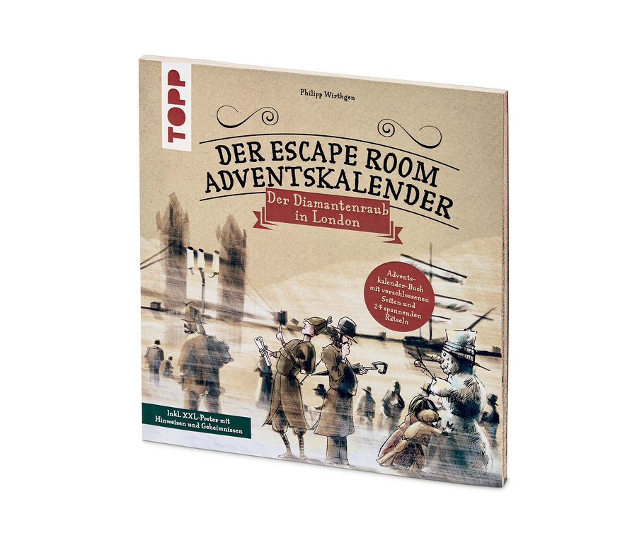 Buch »Der Escape-Room-Adventskalender – der Diamantenraub in London« liegt auf einem Tisch.