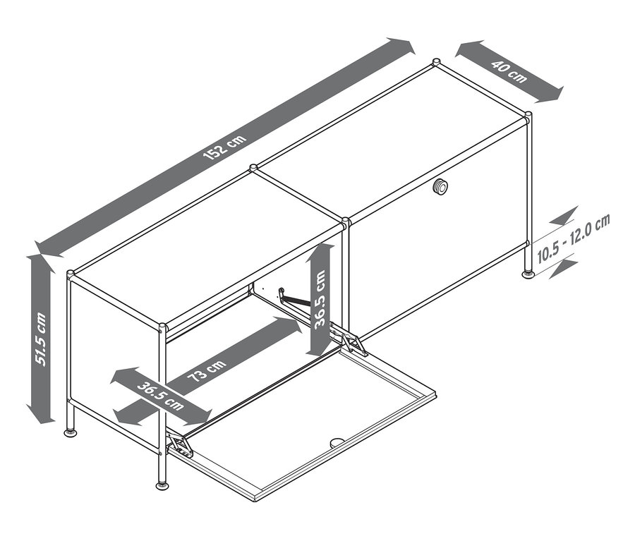 Schema eines Lowboards Metall »CN3« mit Klappenfächern, ein Fach ist geöffnet.