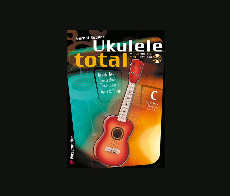 Cover des Buches "Ukulele total" von Gernot Rödder mit einer rot-orangen Ukulele.