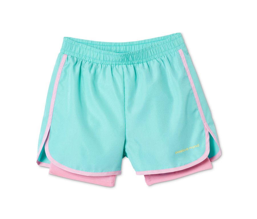 Türkise Laufshorts aus recyceltem Material mit rosa Paspelierung.