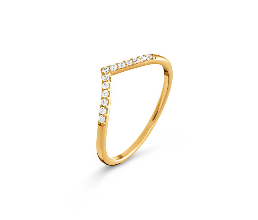 Detailaufnahme von einem goldenen V Ring Zirkonia.