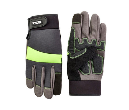 Zwei Arbeitshandschuhe: einer grau-schwarz mit neongrünem Streifen und Ryobi-Logo, der andere grau mit schwarzen Verstärkungen.
