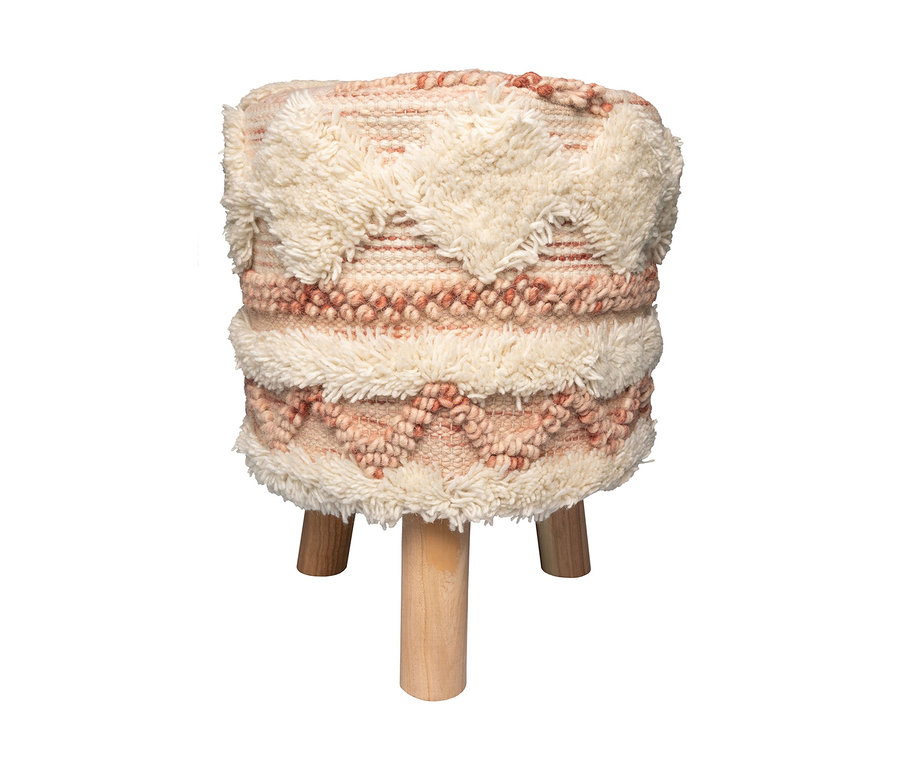 Hocker »Bohist«, rosa-cremefarben mit drei Holzbeinen.