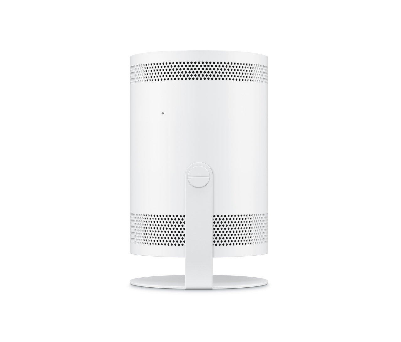 Ein weißer Projektor auf weißem Hintergrund. Zu sehen ist der Samsung The Freestyle Projektor »SP-LSP3BLAXXE«.