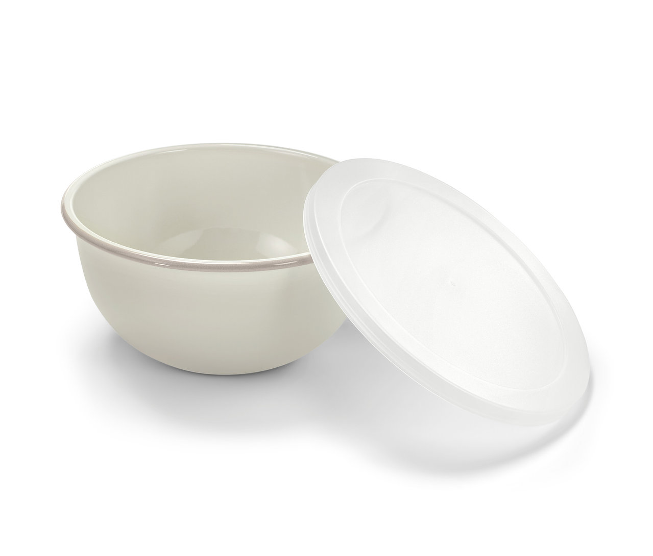 Eine elfenbeinfarbene Emaille-Servier- und Zubereitungsschüssel mit transparentem Deckel.