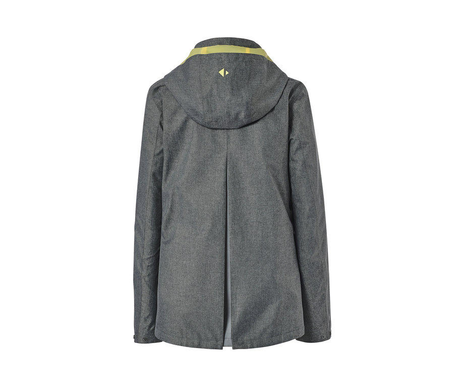 Graue Allwetterjacke mit Kapuze von hinten.
