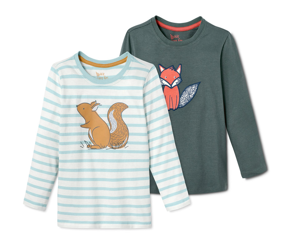 Zwei Jersey-Langarmshirts: eines gestreift mit Eichhörnchen, das andere grün mit Fuchs.