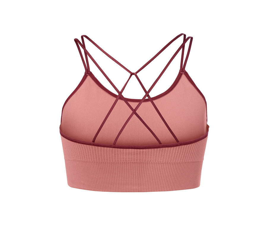 Detailansicht eines Seamless-Sport-Bustiers mit weinroten Trägern.