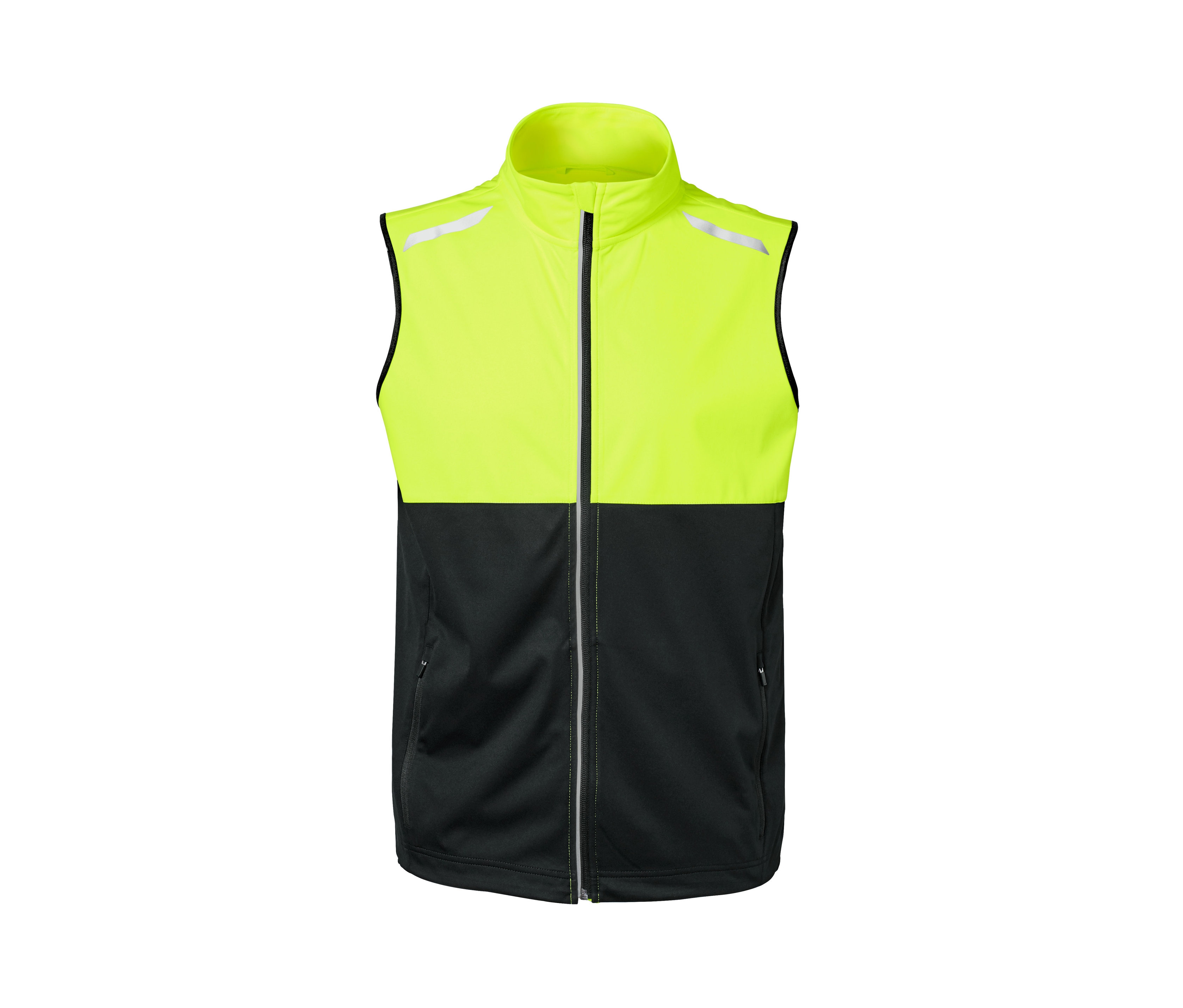 Softshell-Funktionsweste mit neon-gelbem Oberteil und schwarzem Unterteil.